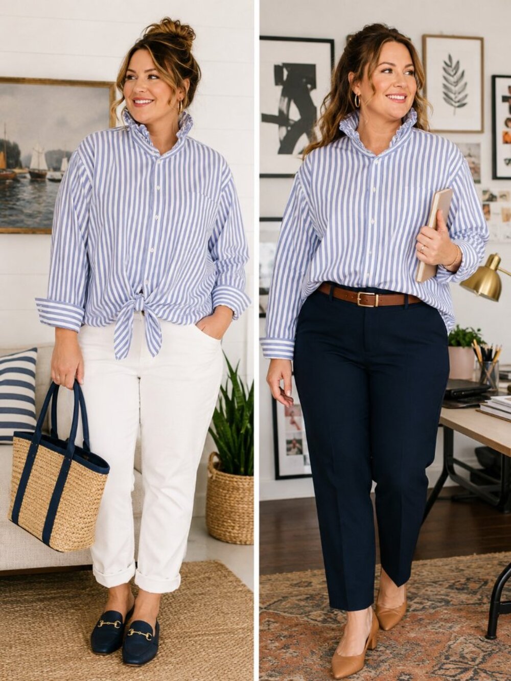 Reworked Blue White Stripe Handmade Ruffle Collar Button Up Blouse Womens 2X